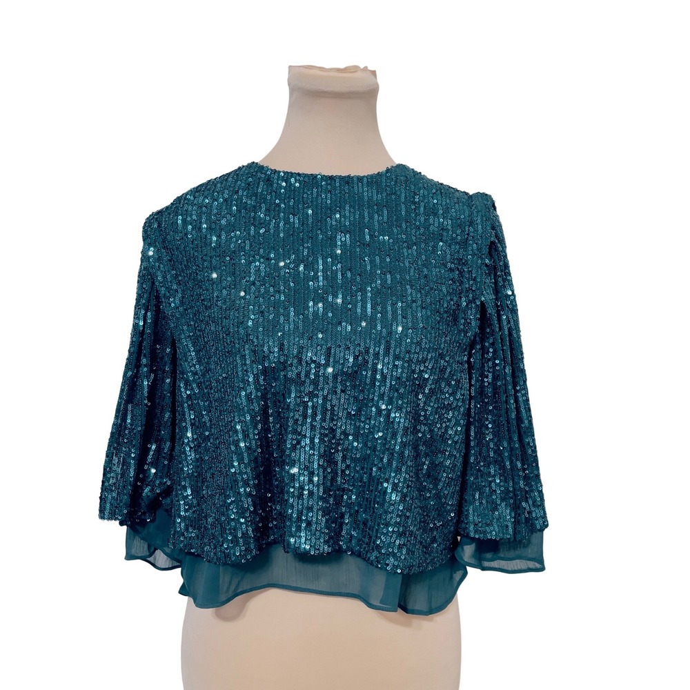 English Factory Sequin Top Small Green Cropped Blouse Short‎ Sleeve Glam Party